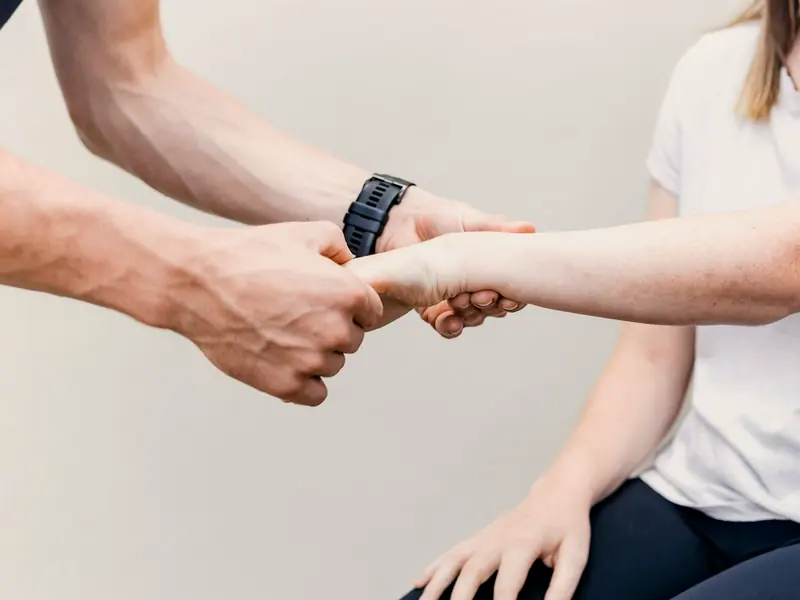 Ein Therapeut bewegt behutsam das Handgelenk einer sitzenden Patientin.